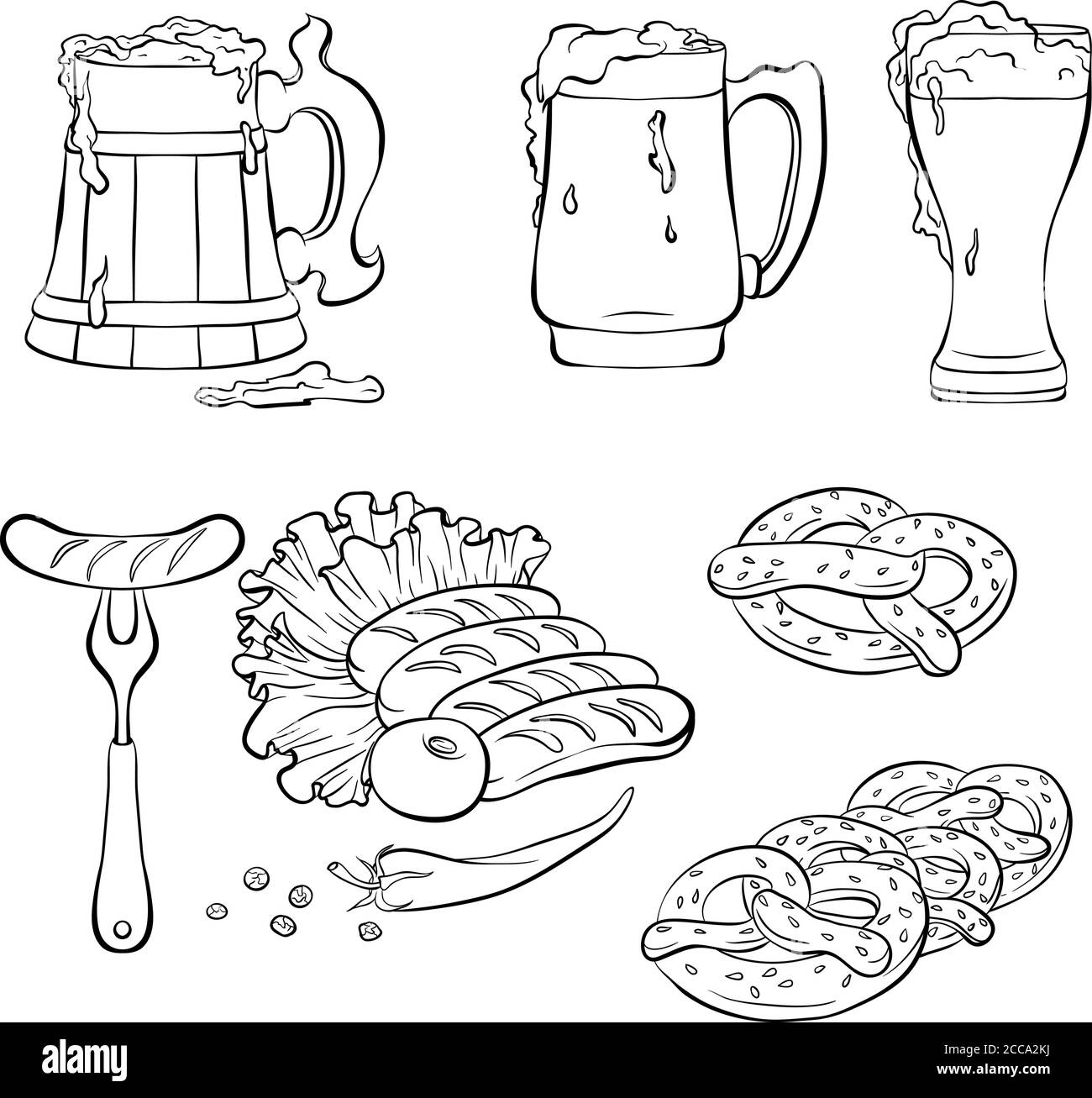 Décor aux éléments traditionnels du festival de la bière Oktoberfest. Style art de ligne. Illustration vectorielle dessinée à la main isolée sur fond blanc Illustration de Vecteur