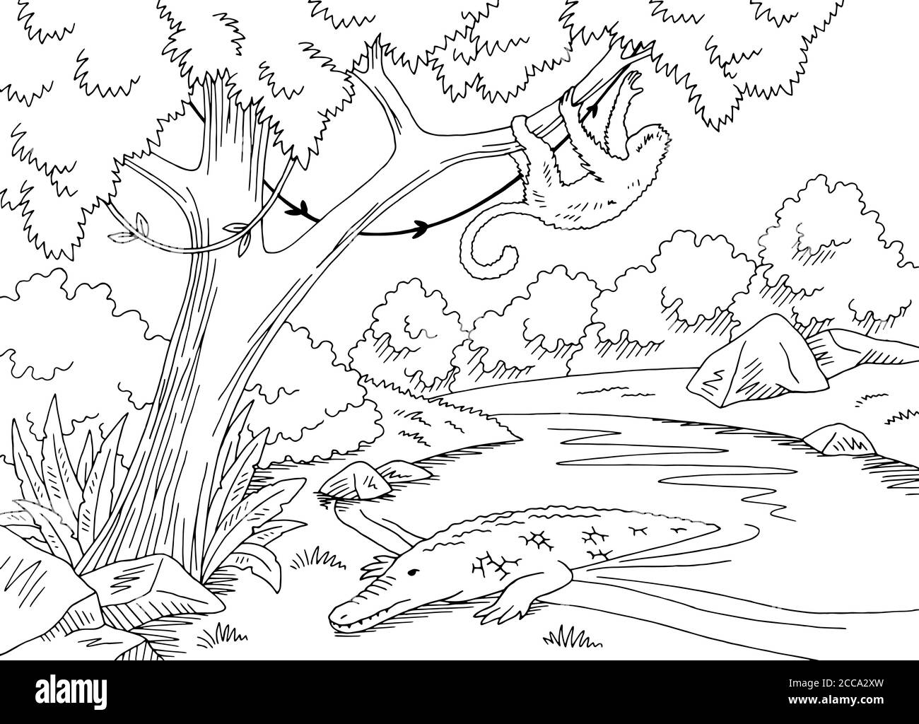 Jungle River graphique noir blanc paysage dessin illustration vecteur Illustration de Vecteur