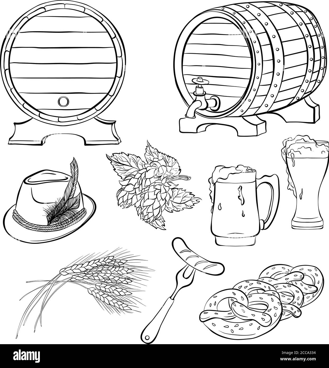 Décor aux éléments traditionnels du festival de la bière Oktoberfest. Style art de ligne. Illustration vectorielle dessinée à la main isolée sur fond blanc Illustration de Vecteur