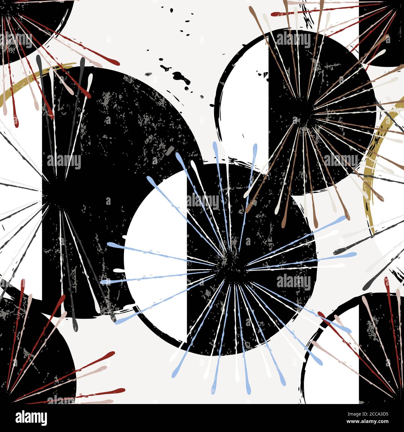 arrière-plan sans couture à motif abstrait, avec cercles, traits et éclaboussures, style rétro, noir et blanc Illustration de Vecteur