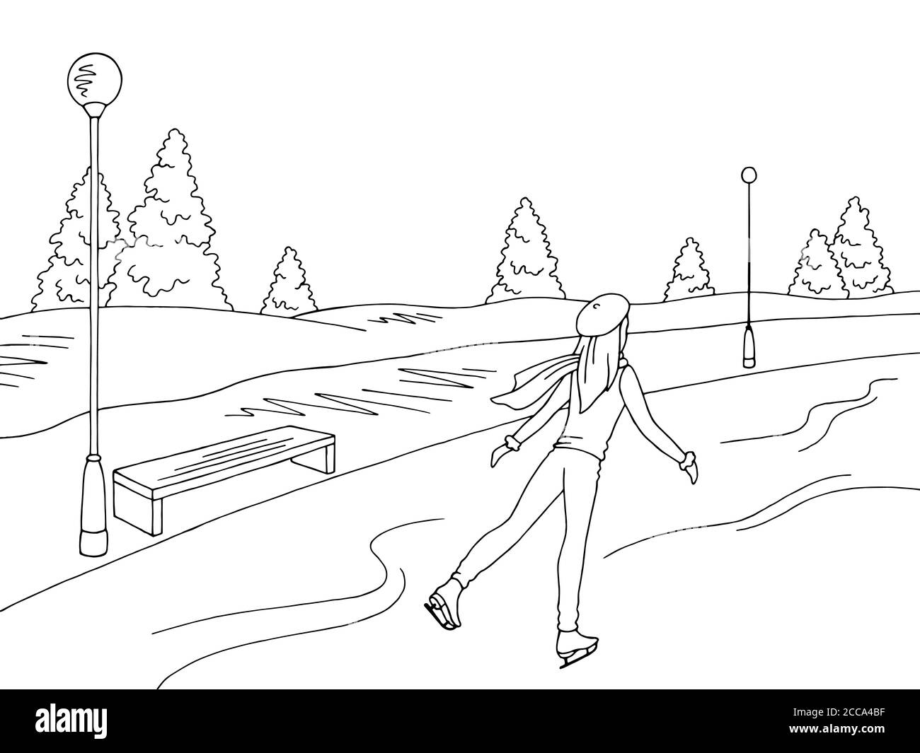 Jeune fille patineuse à la patinoire graphique noir blanc vecteur d'illustration d'esquisse de paysage d'hiver Illustration de Vecteur
