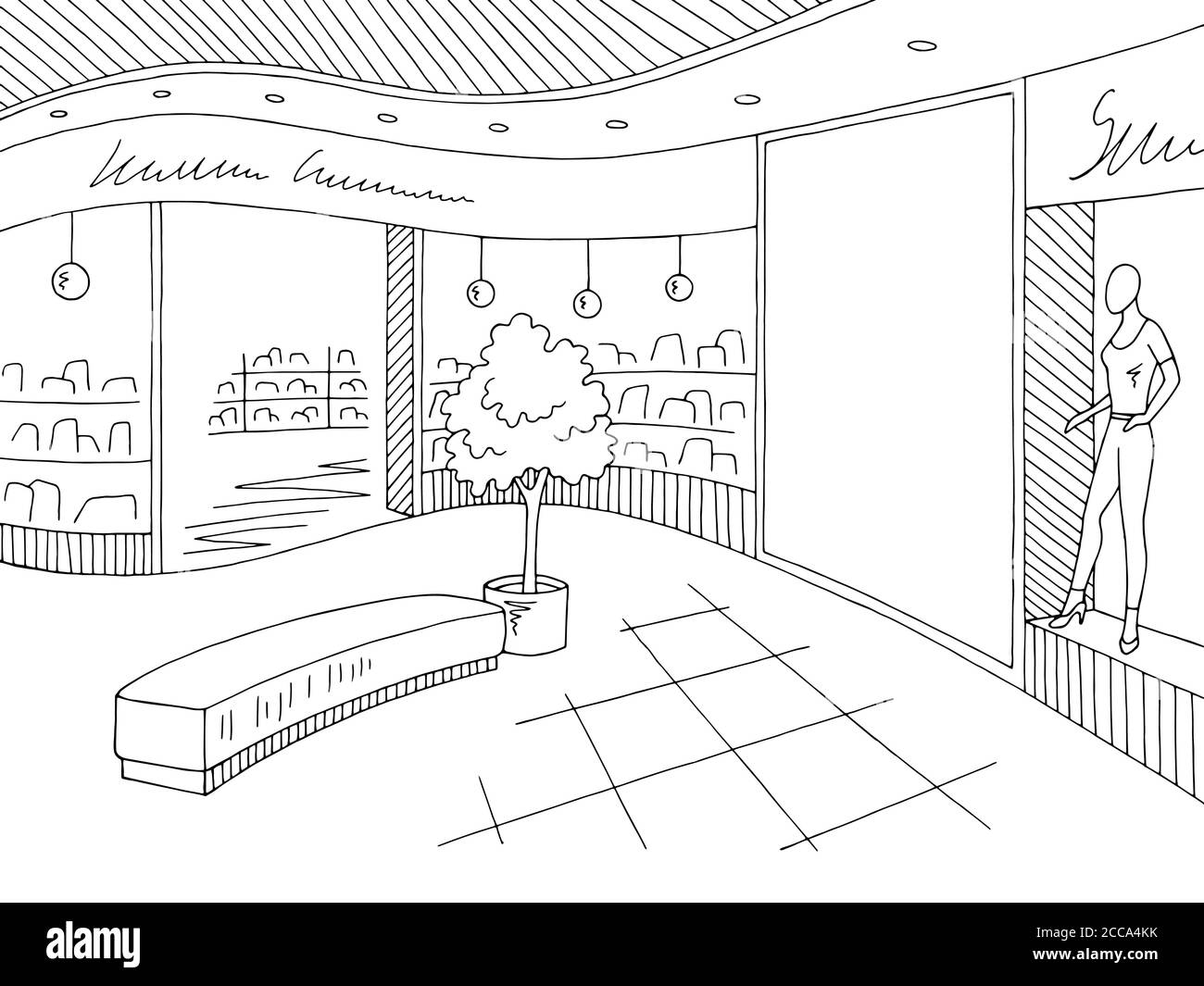 Illustration vectorielle d'un dessin d'intérieur noir blanc graphique de centre commercial Illustration de Vecteur