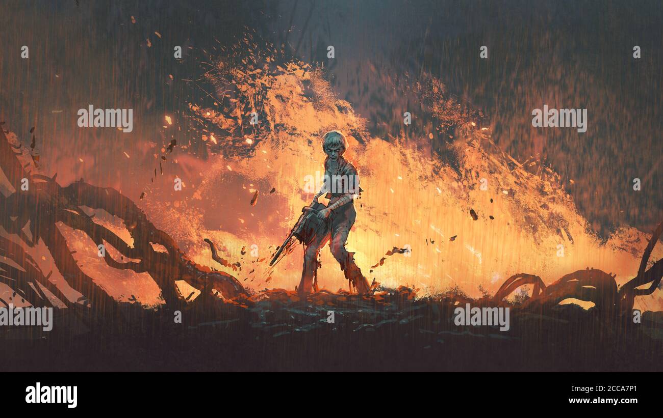 femme avec une tronçonneuse debout sur un sol en feu, style d'art numérique, peinture d'illustration Banque D'Images