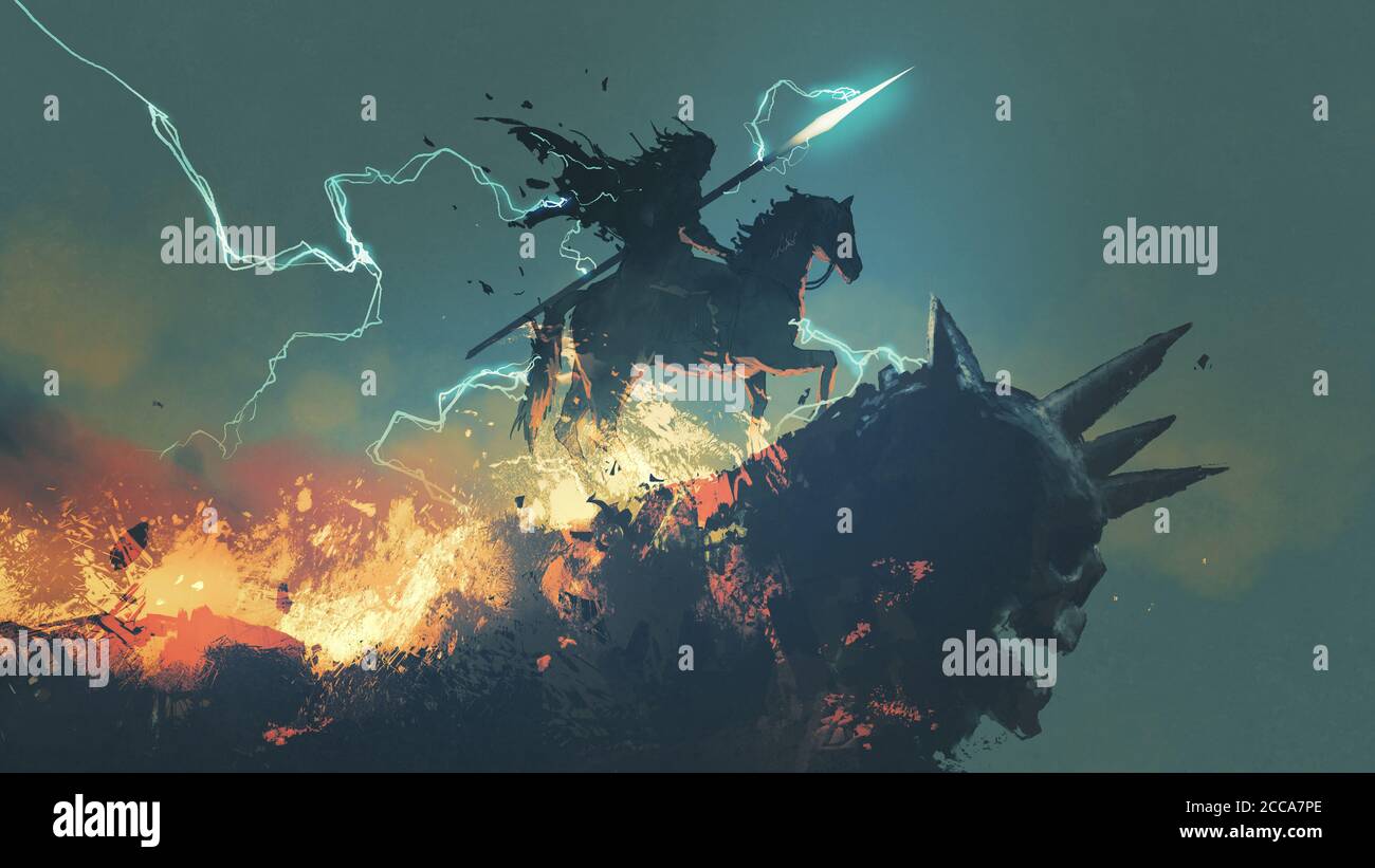 un chevalier avec son cheval debout sur la falaise sombre du crâne, style d'art numérique, peinture d'illustration Banque D'Images