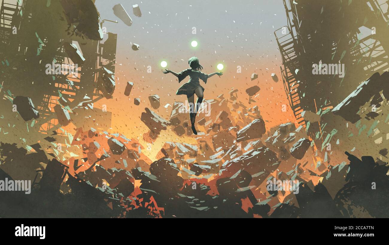 jeune fille avec les balles magiques flottant au-dessus de la ville en ruines, style d'art numérique, peinture d'illustration Banque D'Images