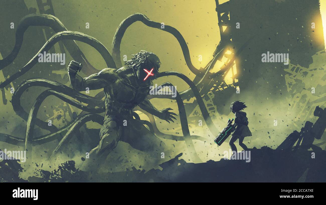 scène sci-fi d'une fille face au monstre géant avec tentacules, style d'art  numérique, peinture d'illustration Photo Stock - Alamy