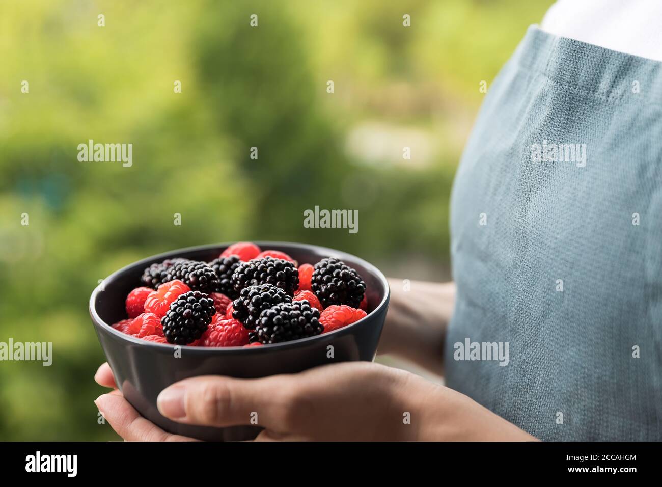 Mains de femmes tenant un bol rempli de mûres et de framboises. Arrière-plan non focalisé des arbres. Banque D'Images