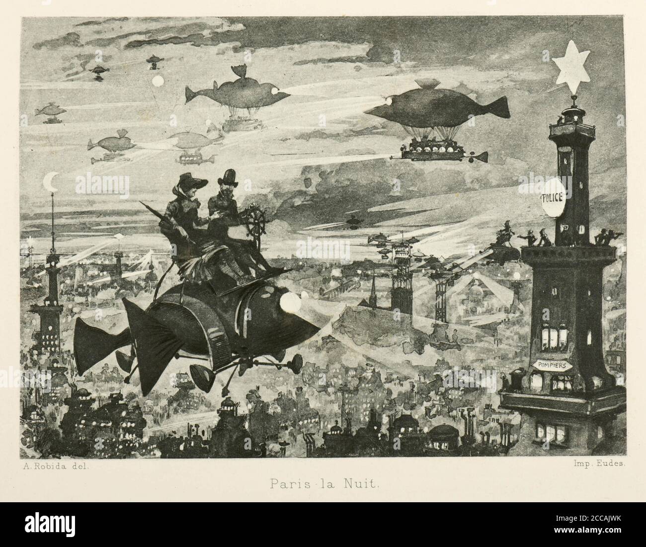 Paris la nuit, le vingtième siècle. Musée : COLLECTION PRIVÉE. Auteur: ALBERT ROBIDA. Banque D'Images