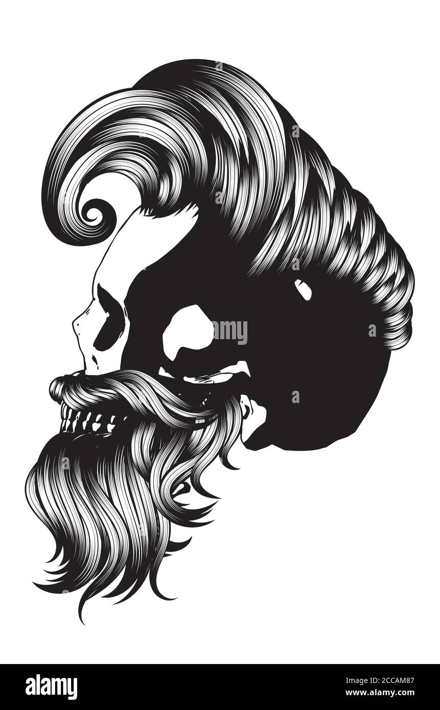 Crâne barbu avec hipster coiffure pour hommes en noir et blanc. Illustration de Vecteur