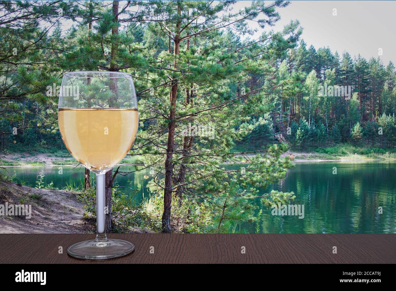 Verre de vin blanc contre un petit arbre à pipe près du lac turquoise. Forêt d'été avec des arbres à pipe, Lettonie Banque D'Images