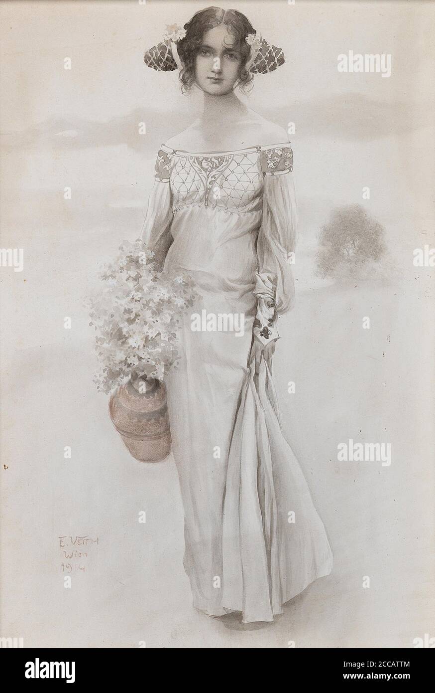 Une fille avec une carafe et un bouquet de fleurs. Musée : COLLECTION PRIVÉE. Auteur: Eduard Veith. Banque D'Images