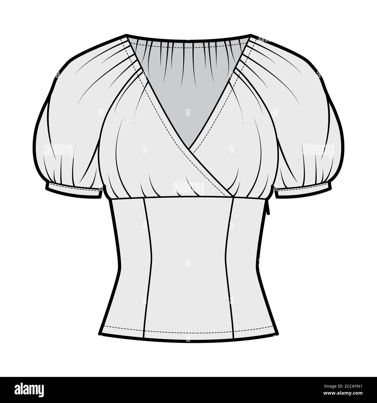 Haut ajusté à motif technique de mode avec col de surf, manches courtes élastiquées, fermeture à glissière sur le côté. Modèle de chemisier sans pinces, couleur grise. Femmes hommes unisexe chemise CAD maquette Illustration de Vecteur