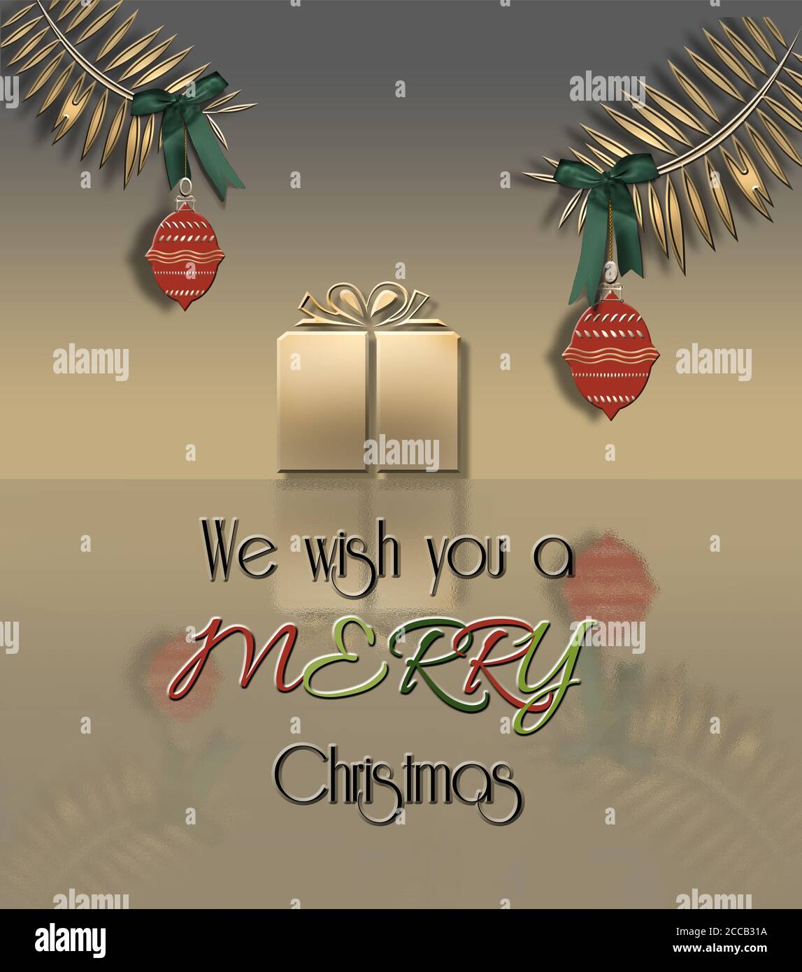 Carte de Noël et de nouvel an en or avec branches en pin d'or, boules rouges, boîte cadeau d'or avec réflexion et texte nous vous souhaitons un joyeux Noël sur fond d'or Banque D'Images