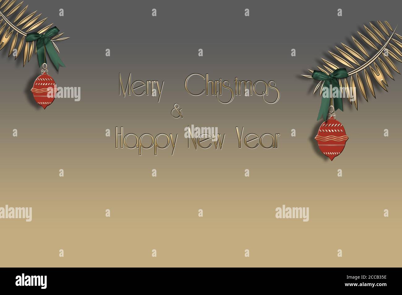 Carte de Noël minimaliste avec brunes en pin doré et boules rouges avec noeuds verts sur fond doré et texte Joyeux Noël et Bonne Année. Illustration 3D Banque D'Images
