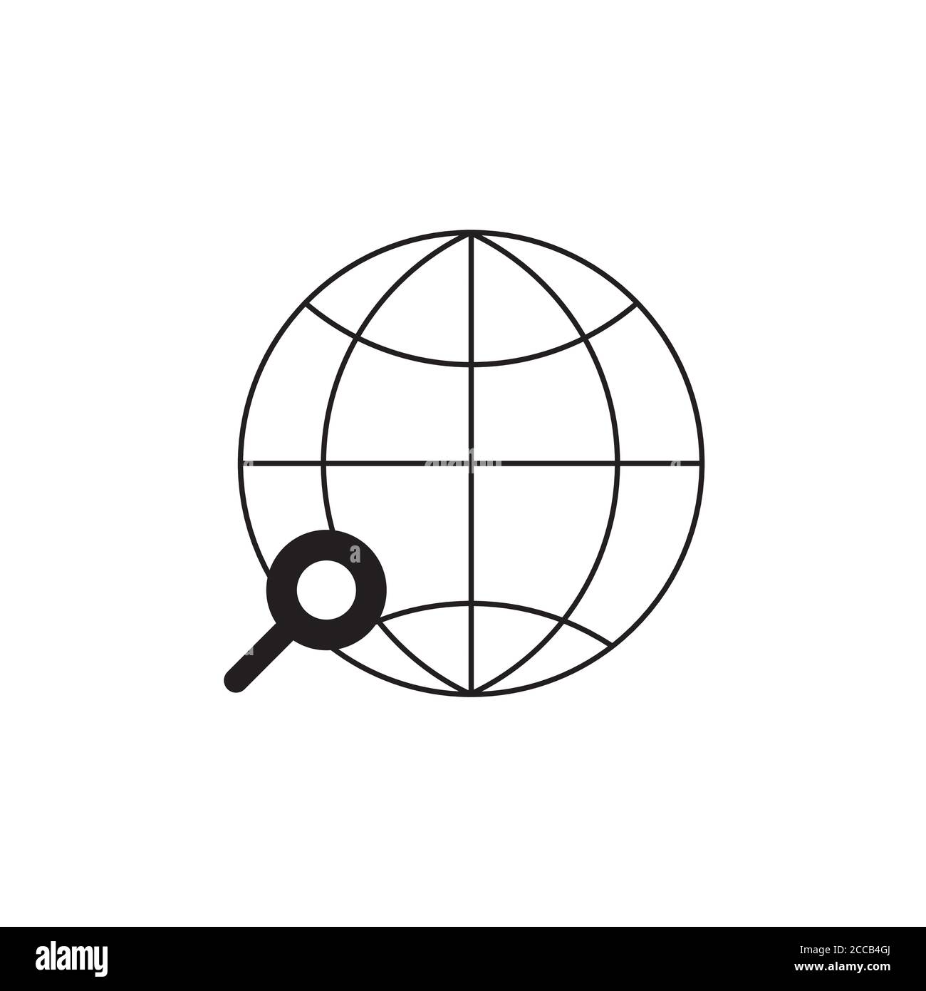 Recherche globale de la terre avec loupe icône vecteur. Globe international et symbole de loupe, page d'accueil en illustration de style contour Illustration de Vecteur