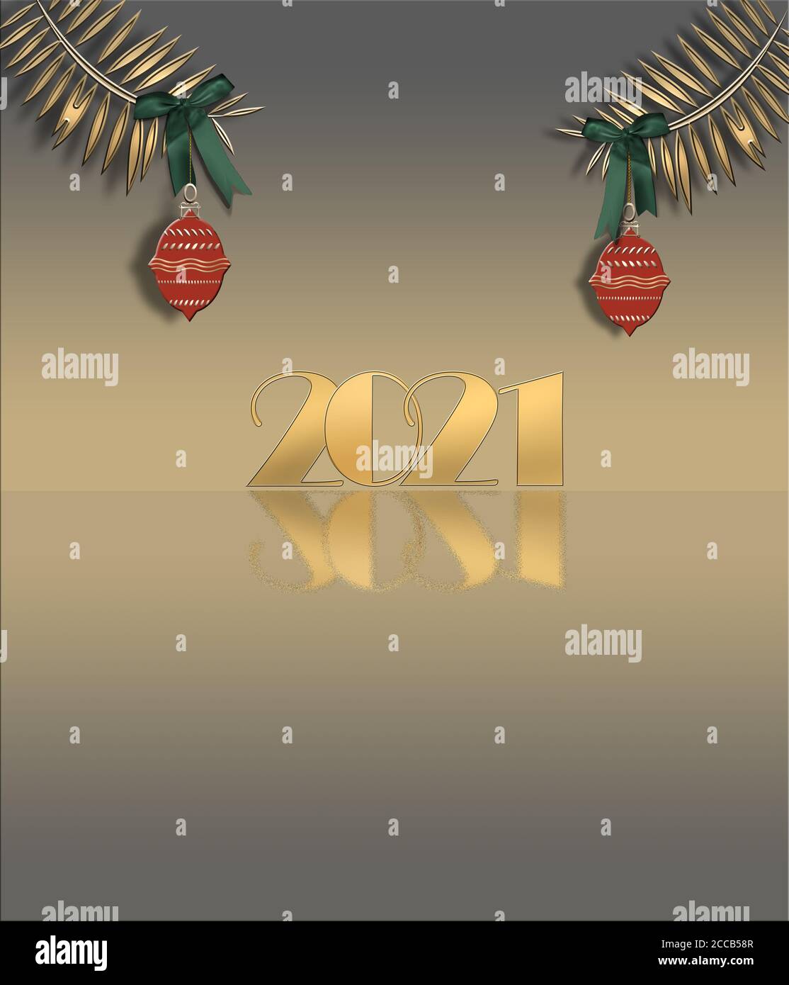 Carte de vœux élégante de Noël 2021 de luxe pour le nouvel an. Golden brillant chiffre 2021 avec branches de sapin et boules rouges sur fond doré. Espace de copie, poster Web, carte de visite d'entreprise. Illustration 3D Banque D'Images