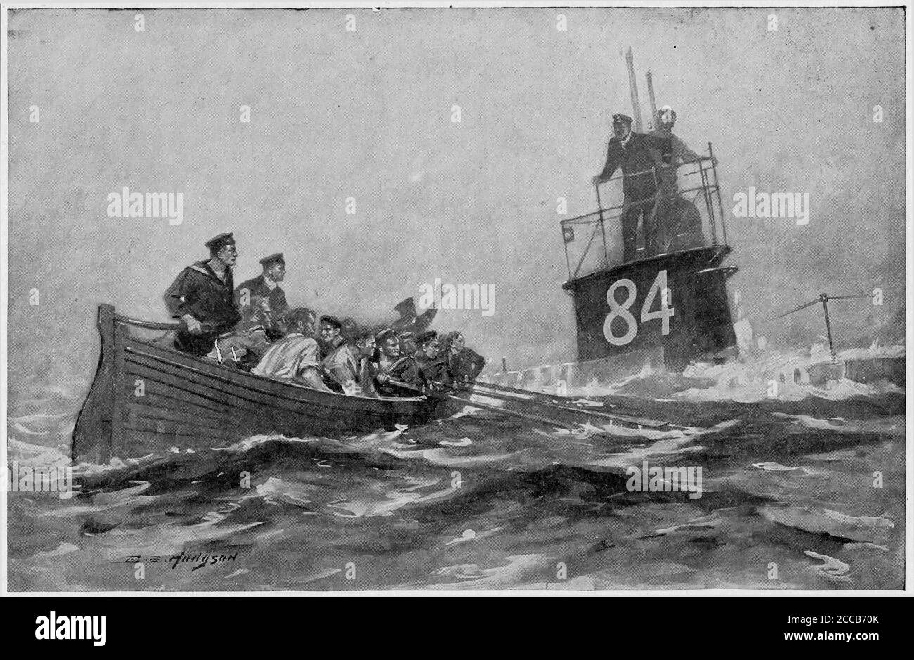 Demi-ton du sous-marin E 4 qui sauve les survivants d'une bataille maritime au cours de la première Guerre mondiale. Banque D'Images