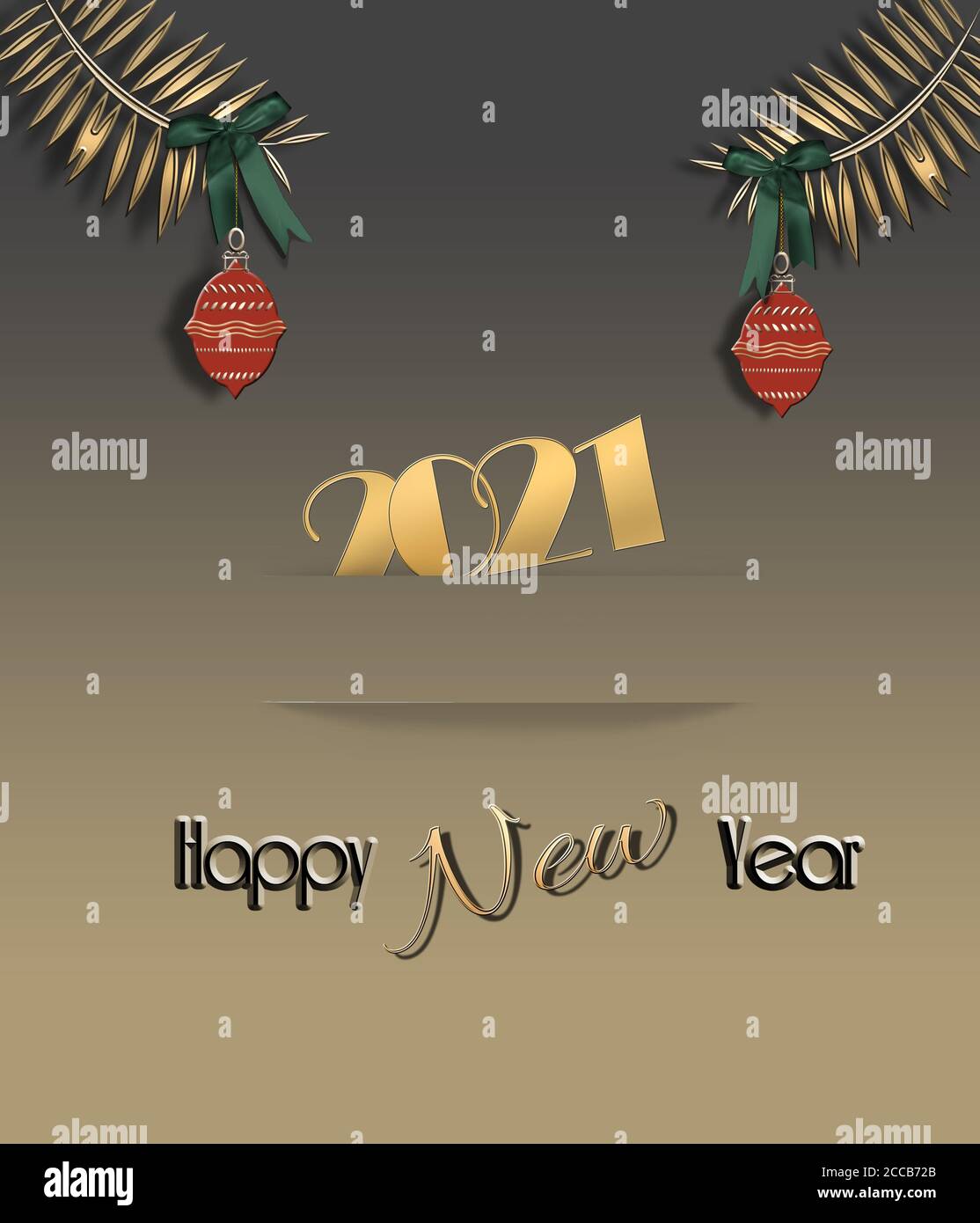 Élégante carte du nouvel an 2021 de couleur or avec texte brillant or 2021 dans une bande en papier, branches en sapin avec boules rouges et texte Bonne Année. Illustration 3D Banque D'Images