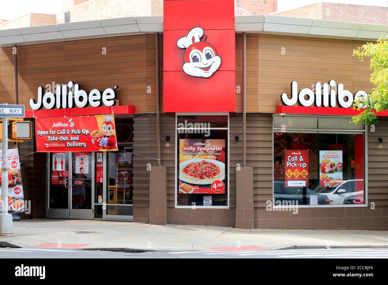 Jollibee, 62-29 Roosevelt Ave, Queens, NY. Façade extérieure d'un restaurant philippin de la chaîne de restauration rapide dans le quartier de Woodside. Banque D'Images
