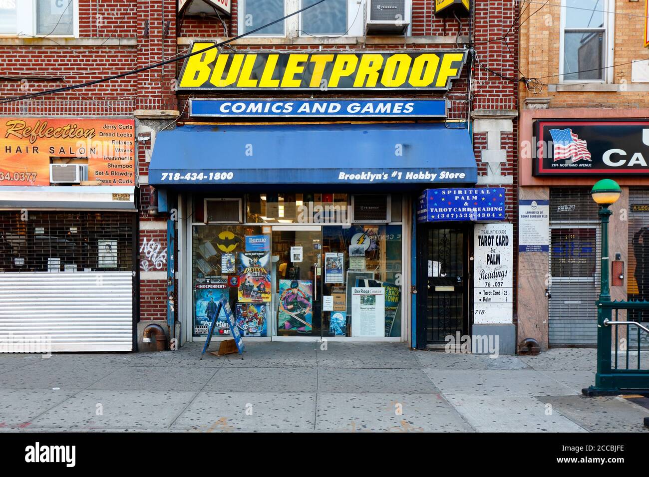 BULLETProof Comics, 2178 Nostrand Ave, Brooklyn, NY. Façade extérieure d'un magasin de comics et de passe-temps dans le quartier de Flatbush. Banque D'Images