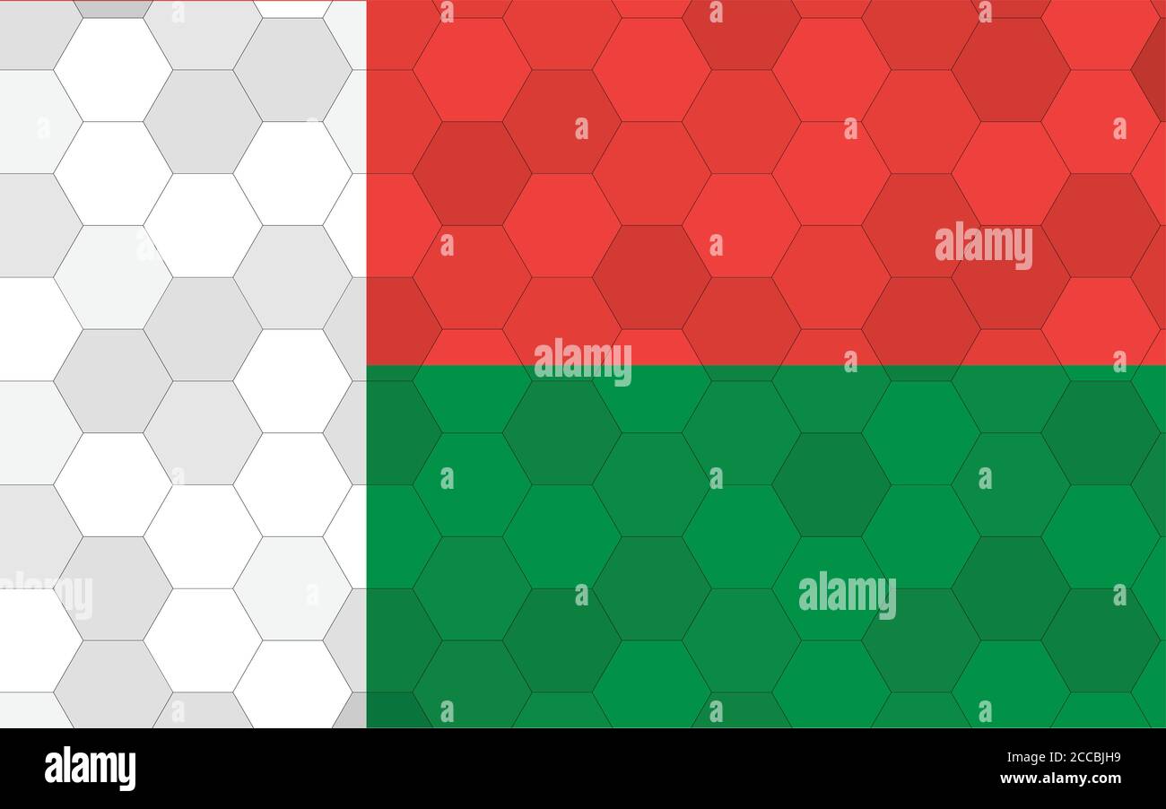 Illustration du drapeau de Madagascar. Drapeau malgache futuriste avec vecteur abstrait d'arrière-plan hexagonal. Le drapeau national de Madagascar symbolise l'indépendance Illustration de Vecteur