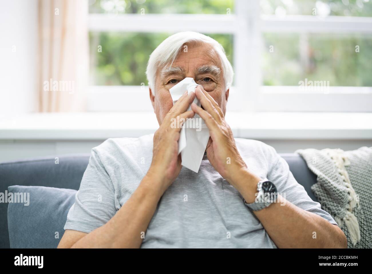 Allergique Senior Homme éternuant nez à la maison Banque D'Images