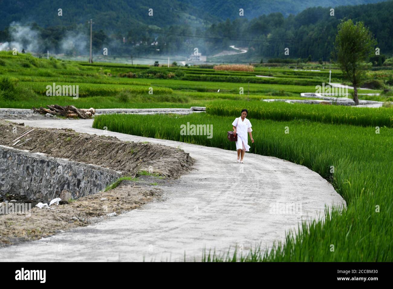 (200821) -- LONGLI, le 21 août 2020 (Xinhua) -- Luo Mu est sur le point de rendre visite à une patiente du village de Cuiwei dans le comté de Longli, préfecture autonome de Qiannan Buyi-Miao, province de Guizhou, dans le sud-ouest de la Chine, le 18 août 2020. Luo Mu, 49 ans, médecin du groupe ethnique Buyi, travaille dans le village de Cuiwei, dans le comté de Longli. Diplômée d'une école de médecine en 2004, elle est rentrée dans le village servant de médaillé. Elle a converti son salon en une clinique avec l'équipement médical qu'elle avait acheté, pour traiter les patients du village. En 2007, Luo a été employé dans une clinique nouvellement fondée dans le village avec un Banque D'Images