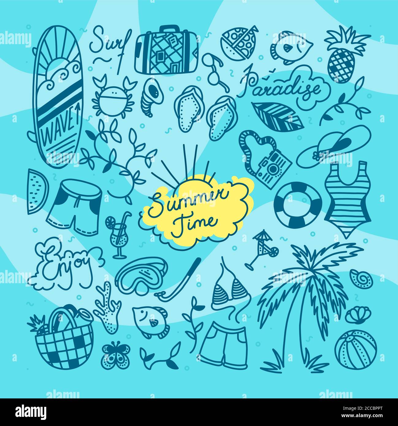 Ensemble de doodle pour l'été. Sports nautiques, détente et objets de vacances tropicaux. Illustration vectorielle sur fond bleu avec courbes Illustration de Vecteur