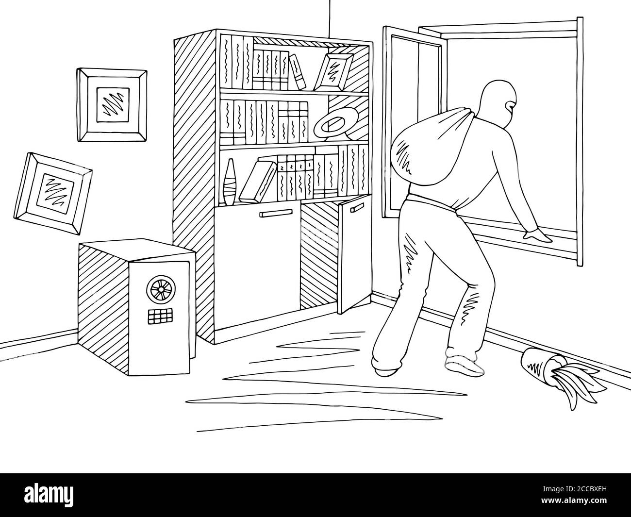 Voleur sortant de la fenêtre dans le graphique de la salle de bureau vecteur d'illustration d'esquisse intérieur noir blanc Illustration de Vecteur