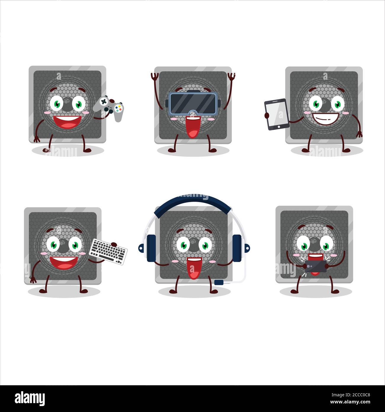 Haut-parleur de musique personnage de dessin animé jouent à des jeux avec divers mignon émoticônes Illustration de Vecteur