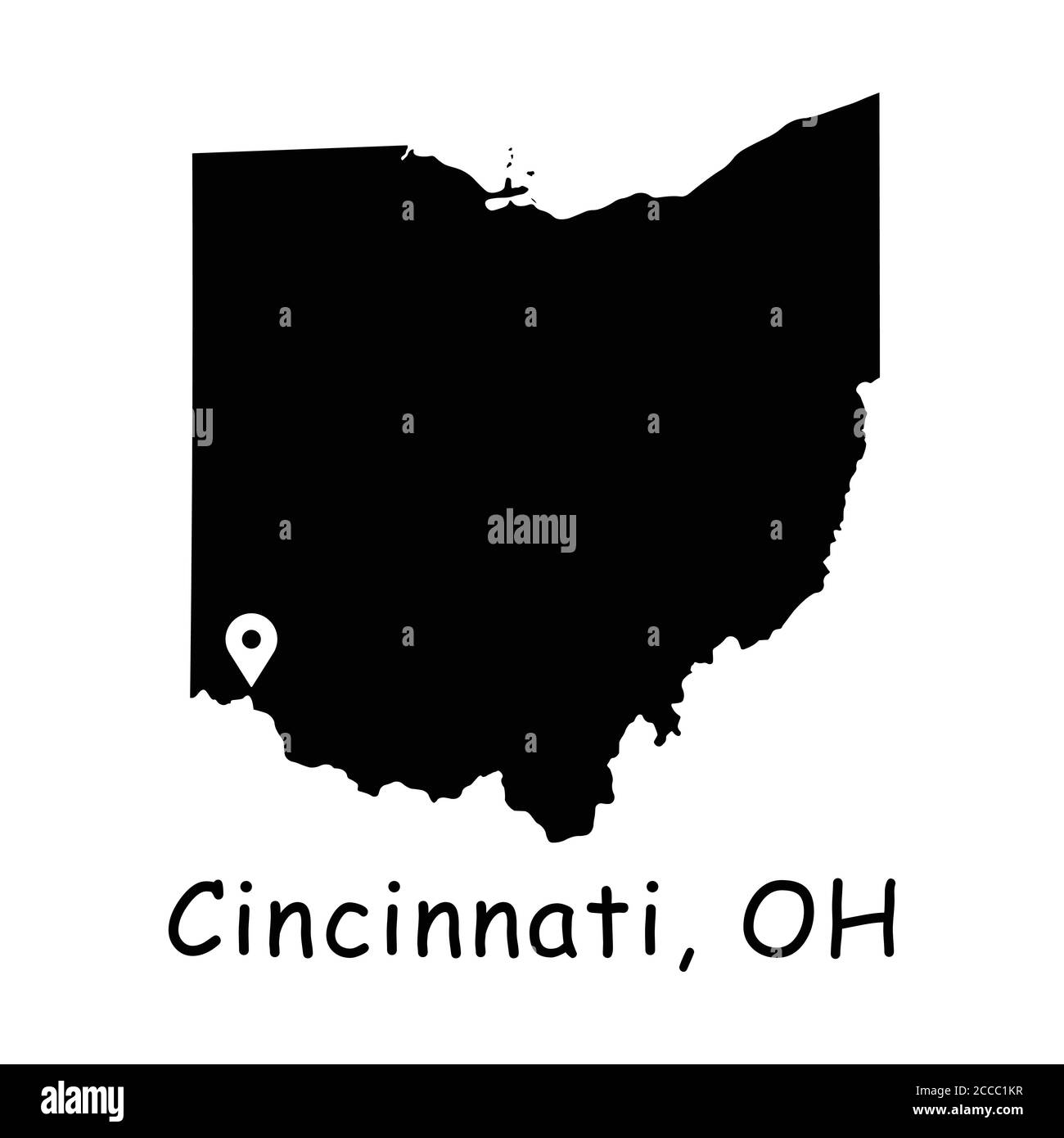Cincinnati sur la carte de l'État de l'Ohio. Carte détaillée de l'État de l'Ohio avec broche d'emplacement sur Cincinnati City. Carte vectorielle de silhouette noire isolée sur fond blanc. Illustration de Vecteur