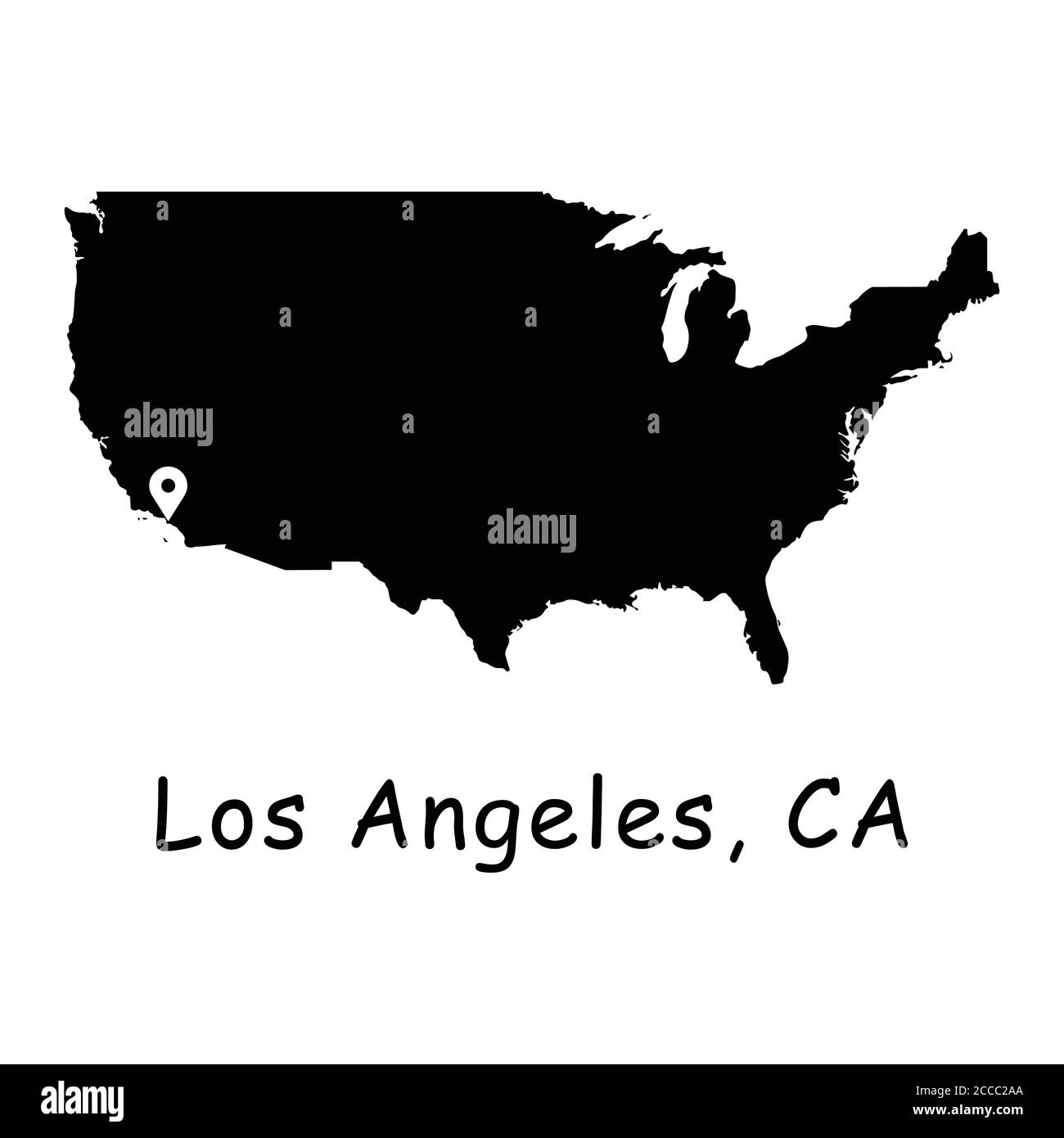 Ville de Los Angeles sur la carte des Etats-Unis. Carte détaillée des pays d'Amérique avec broche d'emplacement sur L.A. Cartes vectorielles silhouettes noires isolées sur fond blanc. Illustration de Vecteur