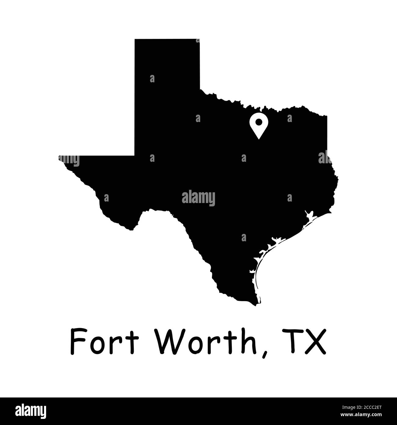 Fort Worth sur la carte de l'État du Texas. Carte détaillée de l'État du Texas avec broche d'emplacement sur fort Worth City. Carte vectorielle de silhouette noire isolée sur fond blanc. Illustration de Vecteur
