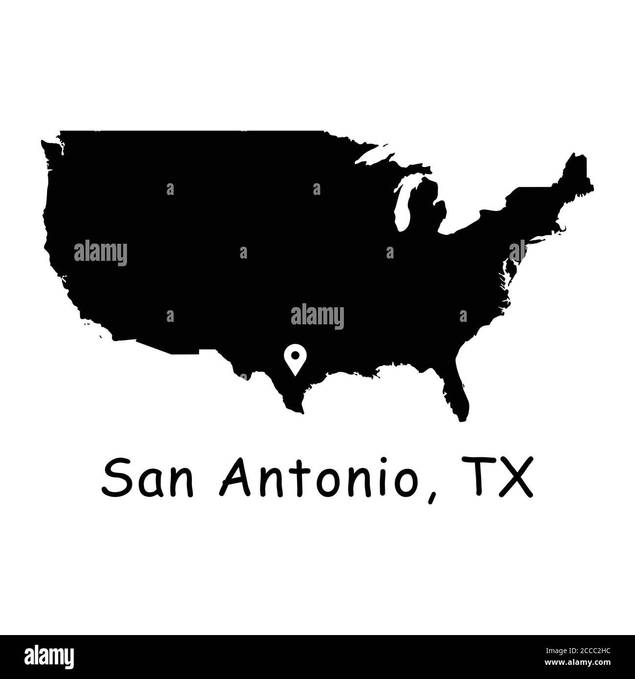 San Antonio Texas City sur la carte des États-Unis. Carte détaillée du pays de l'Amérique avec broche d'emplacement sur San Antonio TX. Cartes vectorielles silhouettes noires isolées sur la bande blanche Illustration de Vecteur