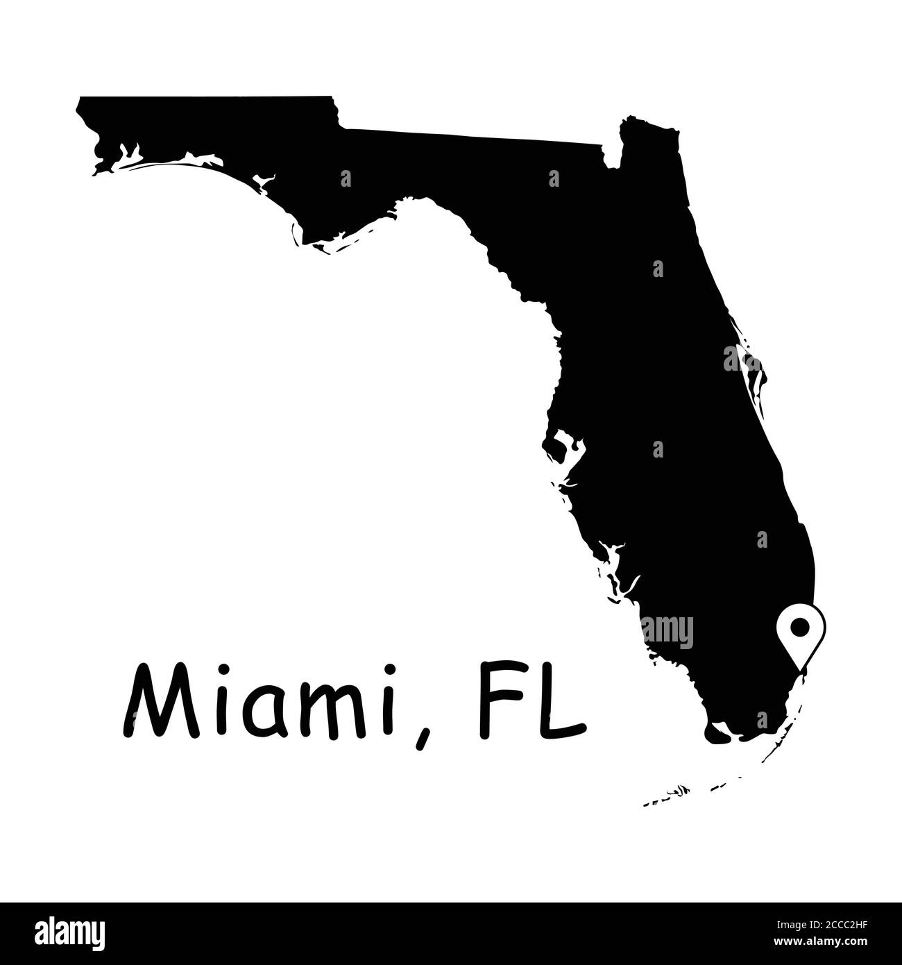 Miami sur la carte de l'État de Floride. Carte détaillée de l'État de Floride avec broche d'emplacement sur Miami City. Carte vectorielle de silhouette noire isolée sur fond blanc. Illustration de Vecteur