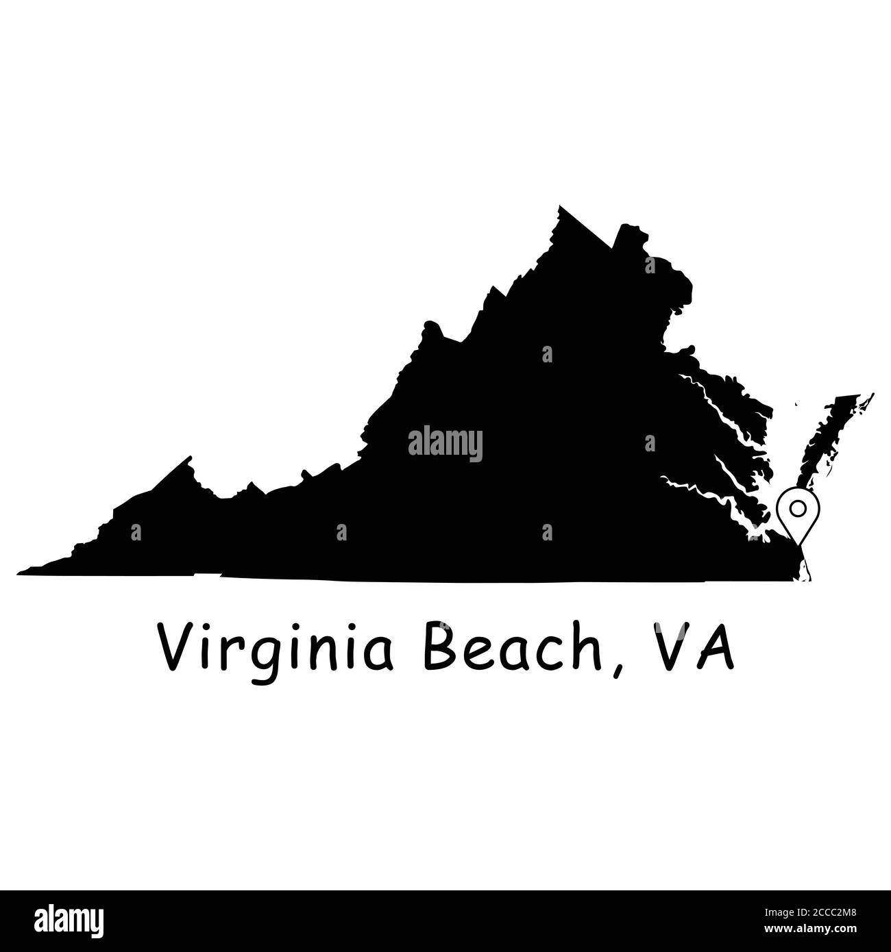 Virginia Beach sur la carte de l'État de Virginie. Carte détaillée de l'État de Virginie avec broche d'emplacement sur Virginia Beach City. Carte vectorielle de silhouette noire isolée sur la bande blanche Illustration de Vecteur