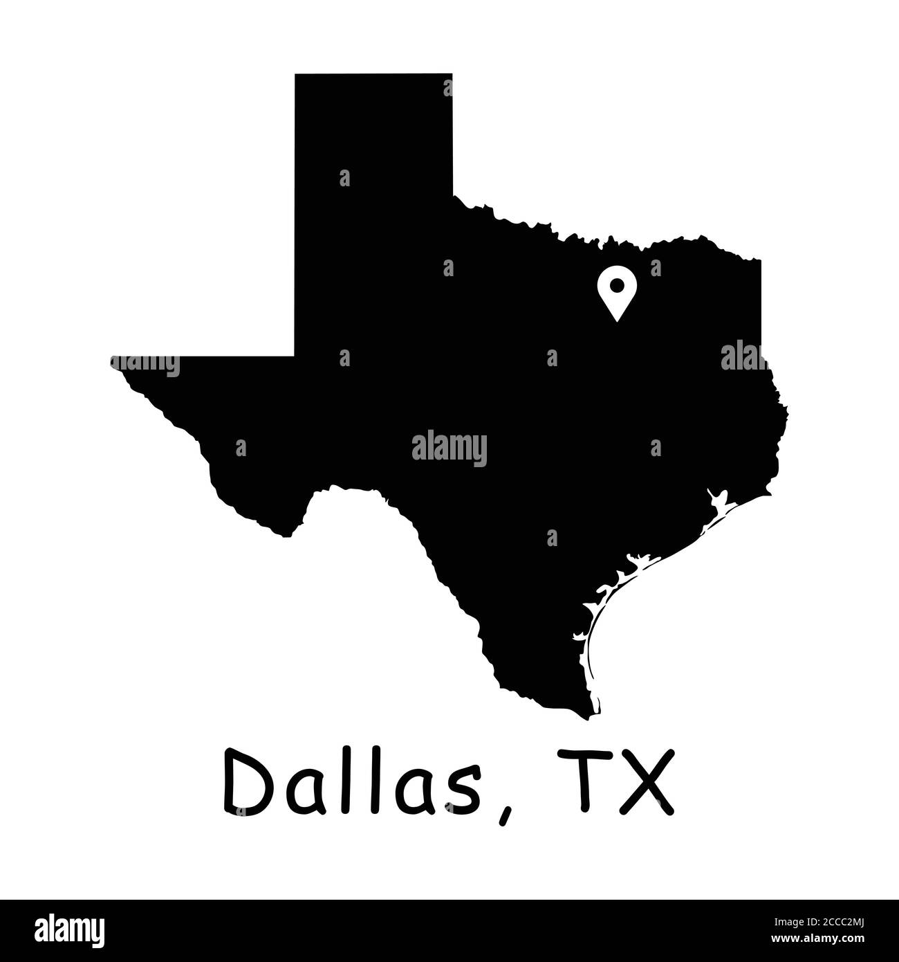 Dallas sur la carte de l'État du Texas. Carte détaillée de l'état du TX avec code PIN de localisation sur Dallas City. Carte vectorielle de silhouette noire isolée sur fond blanc. Illustration de Vecteur