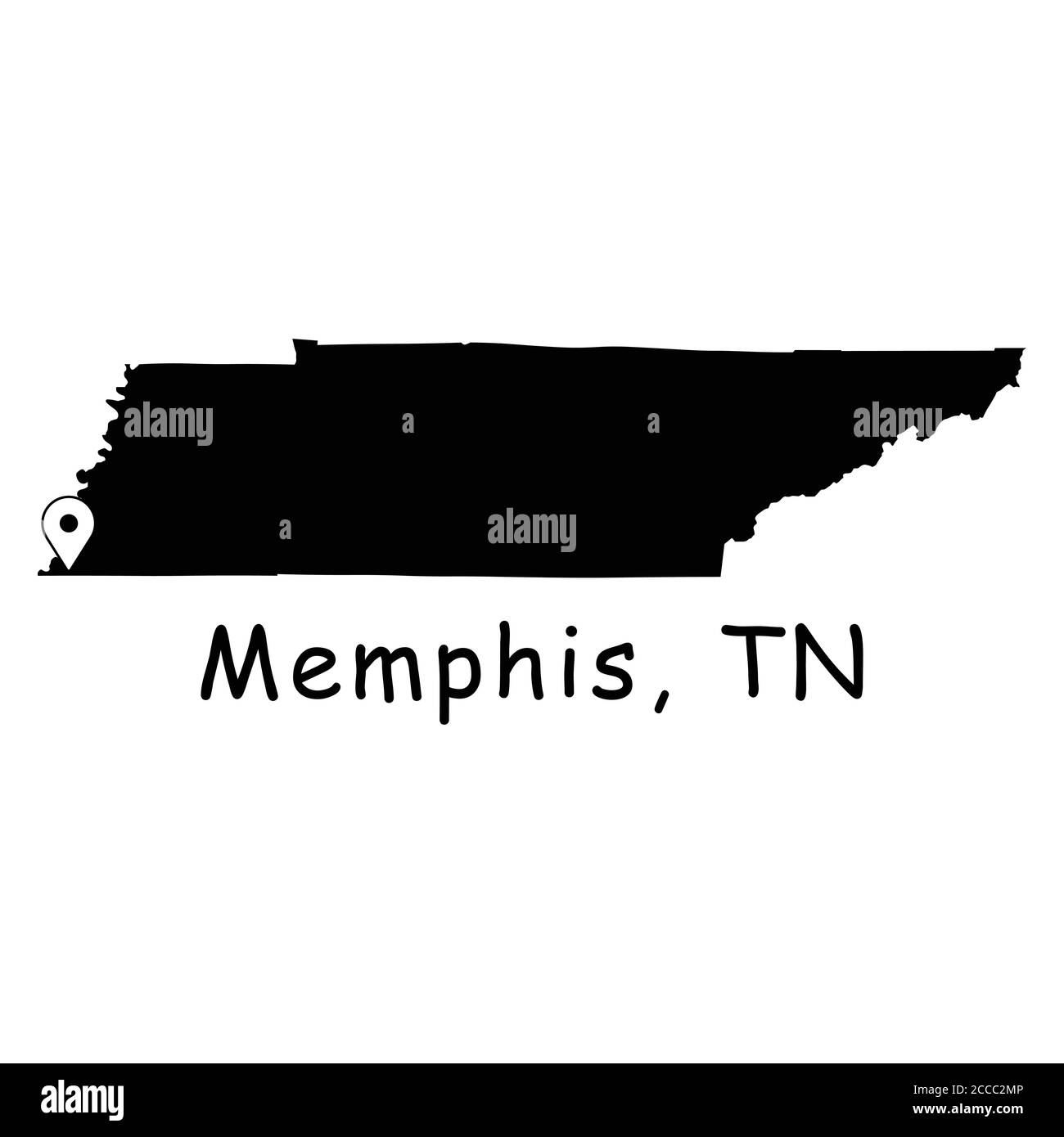Memphis sur la carte de l'État du Tennessee. Carte détaillée de l'État du Tennessee avec broche d'emplacement sur Memphis City. Carte vectorielle de silhouette noire isolée sur fond blanc. Illustration de Vecteur