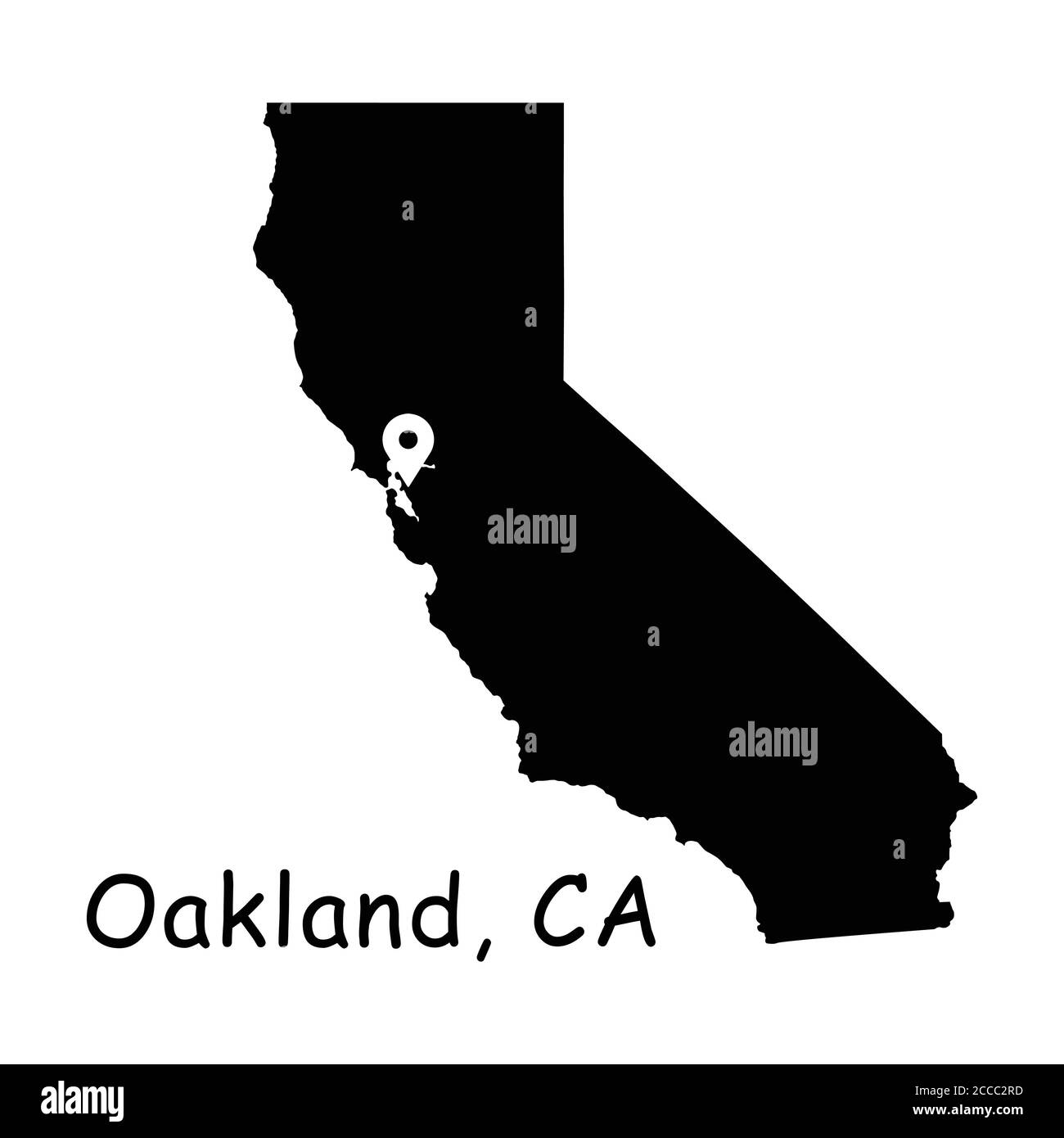 Oakland sur la carte de l'État de Californie. Carte détaillée de l'État de Californie avec code PIN de localisation sur la ville d'Oakland. Carte vectorielle de silhouette noire isolée sur fond blanc. Illustration de Vecteur