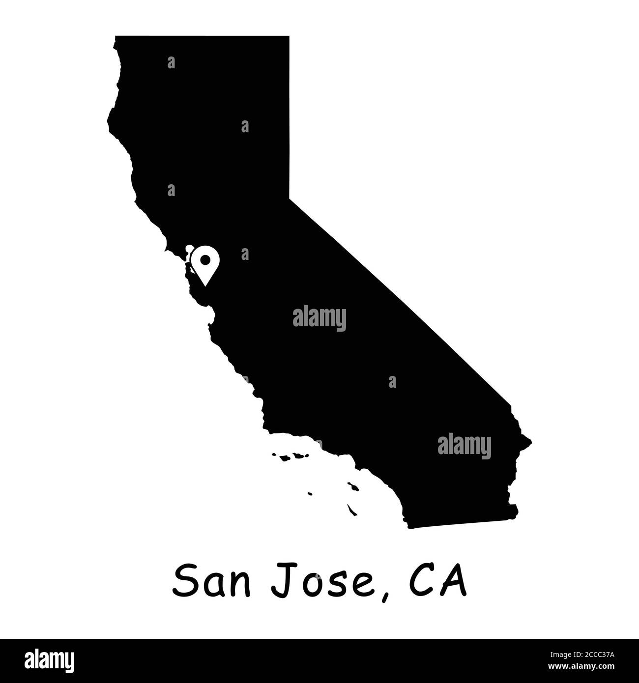 San Jose sur la carte de l'État de Californie. Carte détaillée de l'État de Californie avec broche d'emplacement sur la ville de San Jose. Carte vectorielle de silhouette noire isolée sur fond blanc. Illustration de Vecteur