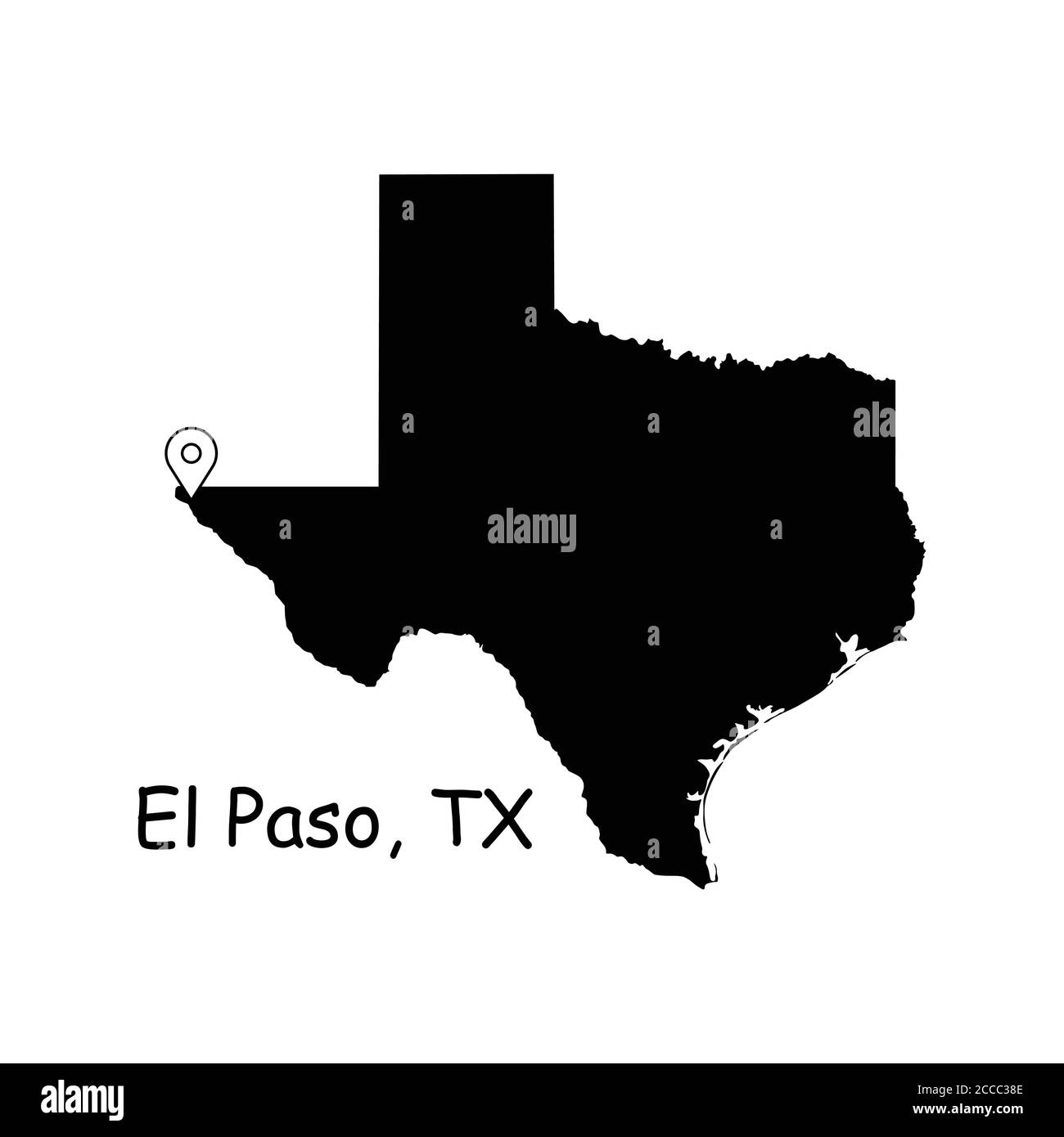 El Paso sur la carte de l'État du Texas. Carte détaillée de l'État du Texas avec broche d'emplacement sur la ville d'El Paso. Carte vectorielle de silhouette noire isolée sur fond blanc. Illustration de Vecteur