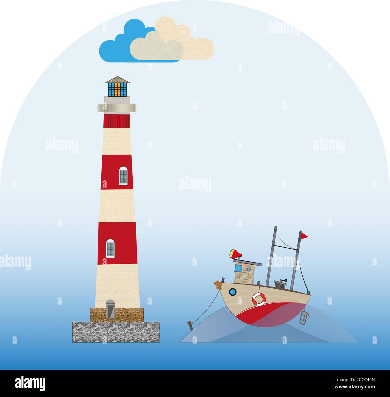 Phare et bateau de pêche sur fond bleu clair Illustration de Vecteur