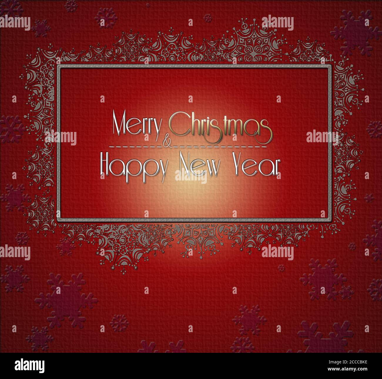 Carte de Noël minimaliste avec bordure en flocons d'or sur fond rouge et texte Merry Christmas Bonne Année. Design, affiche. Illustration 3D Banque D'Images
