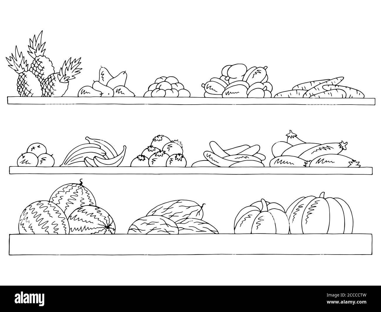 Les étagères sont des motifs noirs blancs isolés représentant des fruits et des légumes vecteur d'illustration de l'épicerie Illustration de Vecteur