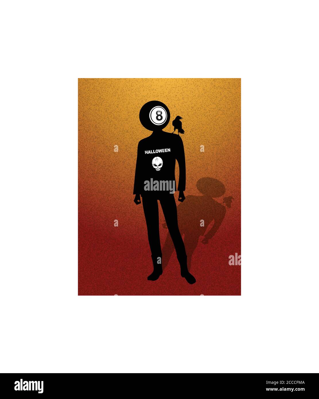 Black and White Silhouette of Man avec t-shirt à motif Halloween Avec crâne et boule de texte numéro huit comme front de tête Oiseau sur son épaule et ombre Illustration de Vecteur