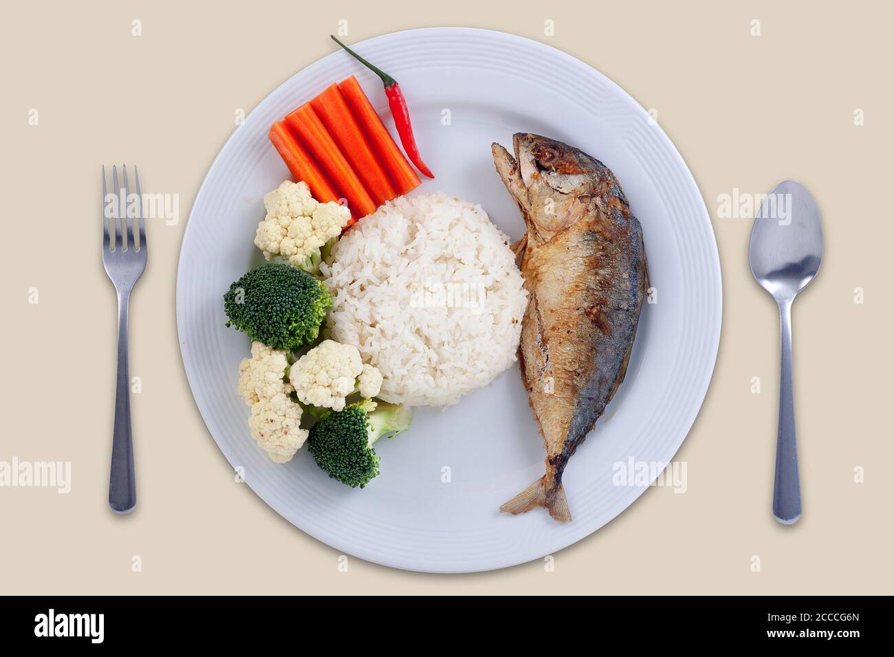 Concept de nourriture saine : poisson maquereau avec différentes garnitures de légumes sur le riz, nourriture propre Banque D'Images