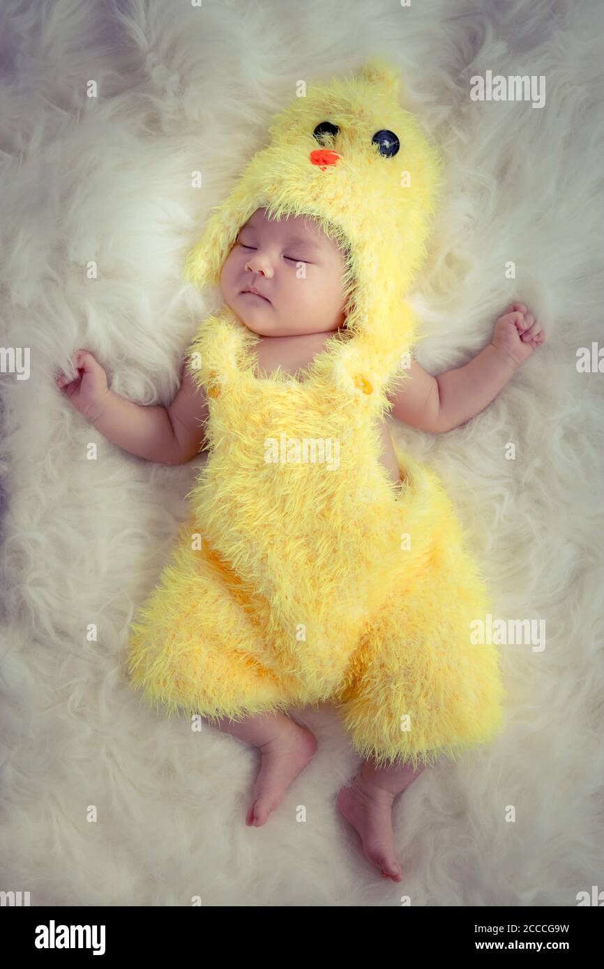 Portrait de bébé : bébé asiatique endormi heureux portant un coq jaune pour Signe chinois du zodiaque année robe costume dormir sur fourrure tissu doux Banque D'Images