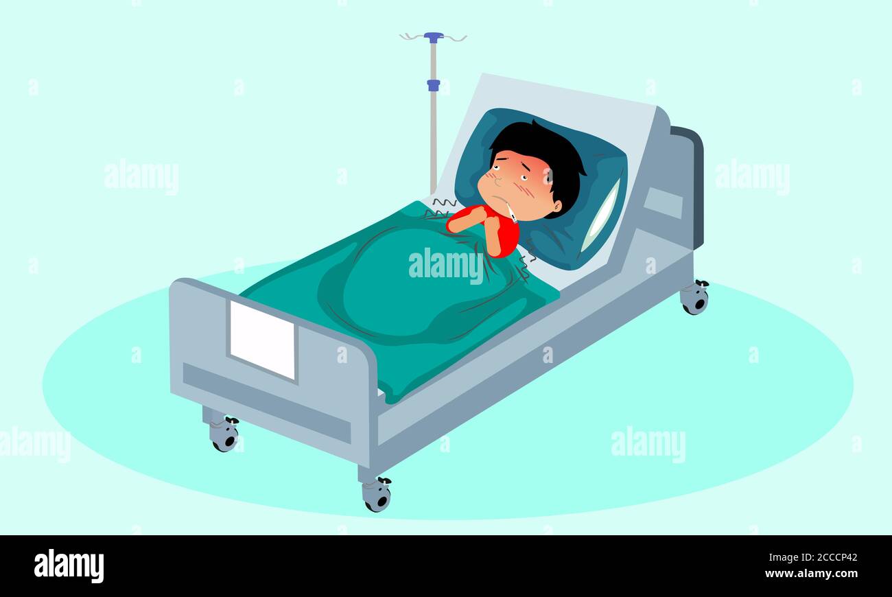 Les enfants malades au clicnic peuvent dormir avec des oreillers et des couvertures. Fièvre, tremblements, mesure de la température.à l'hôpital sur le lit du patient. Banque D'Images