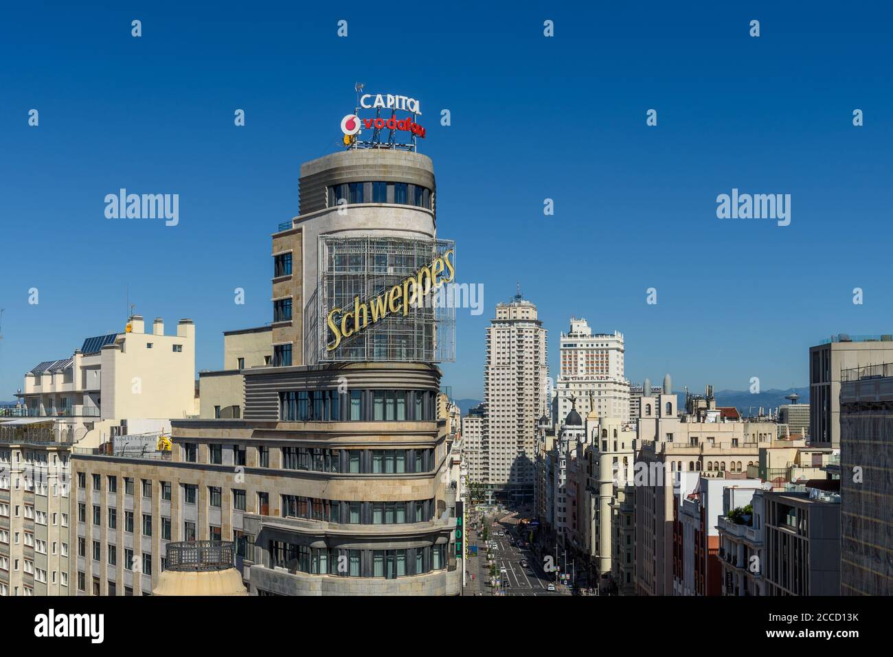 Madrid, Espagne - 15 août 2020 : paysage urbain de la place Callao et de la Gran via. Vue aérienne Banque D'Images
