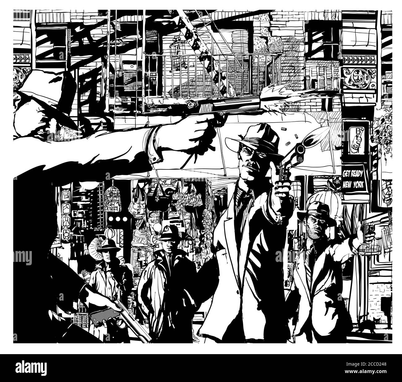 Gangsters combattant dans Chinatown New York - illustration vectorielle (idéal pour l'impression sur tissu ou papier, affiche ou papier peint, décoration de maison) Illustration de Vecteur